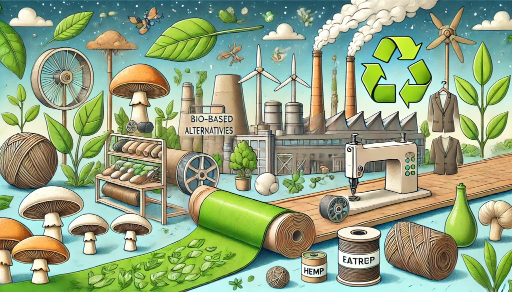 "A sustainable production line featuring bio-based materials such as mushroom leather, hemp fabric, and biodegradable packaging, promoting eco-friendly alternatives."