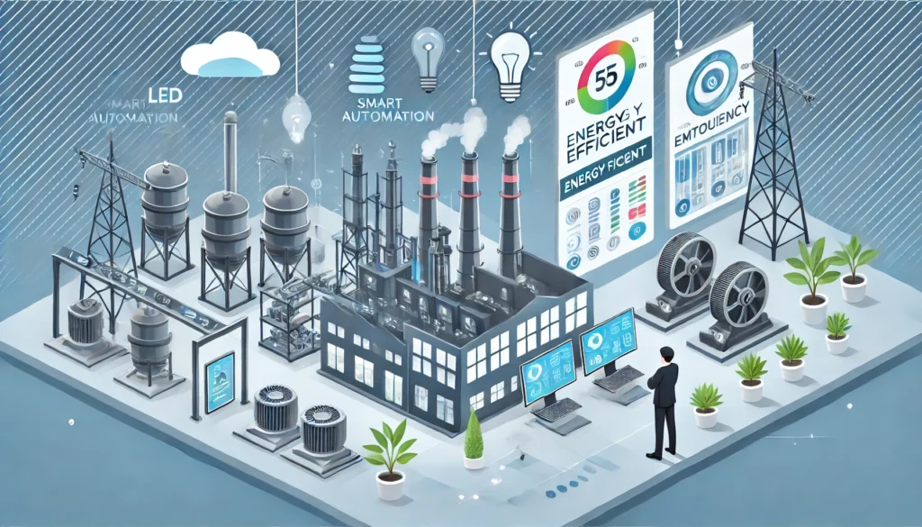 "A smart industrial setup with energy-efficient machinery, LED lighting, and automation systems, reducing emissions while improving productivity."