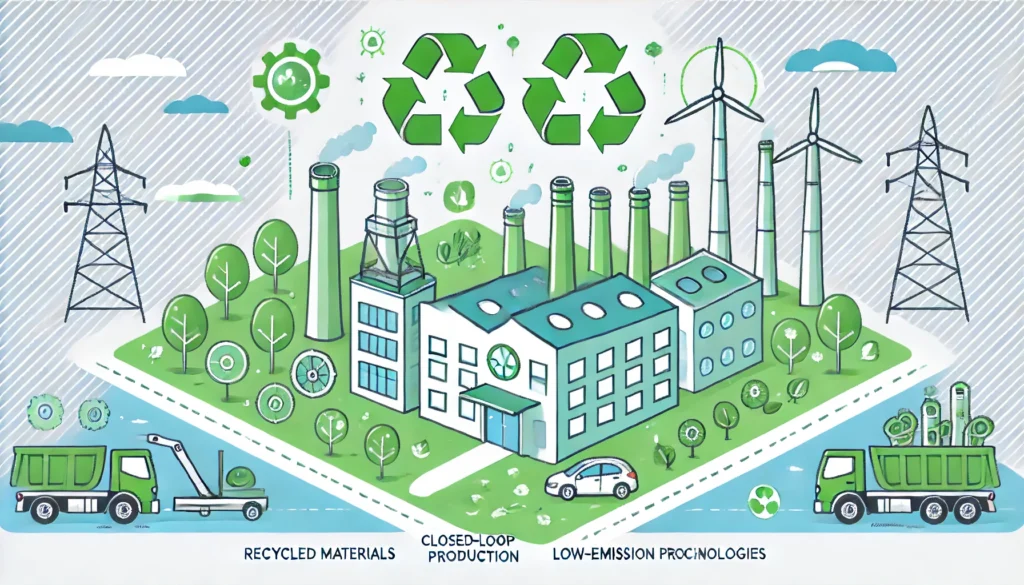 "An eco-friendly factory utilizing recycled materials, closed-loop production, and low-emission technology, surrounded by greenery symbolizing sustainability."
