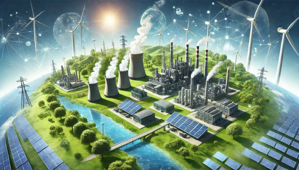 "An illustration of industrial pollution reduction, featuring factories powered by clean energy sources like solar panels and wind turbines, surrounded by green landscapes and clear skies, representing global sustainability efforts."