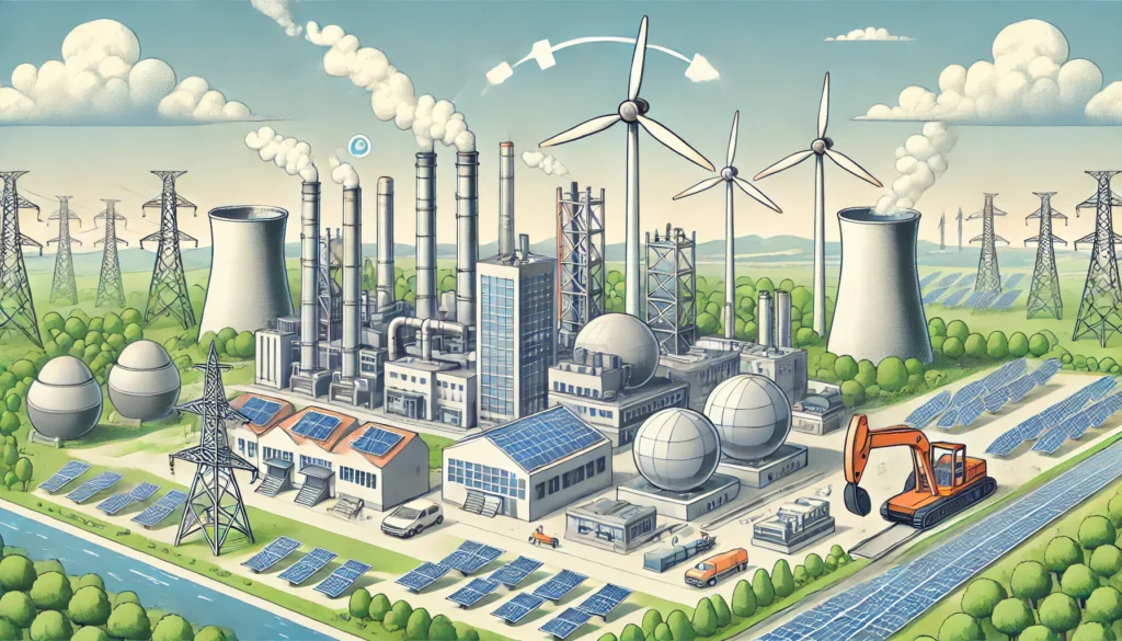 "A modern industrial facility powered by renewable energy sources, including solar panels, wind turbines, and hydropower, representing a shift from fossil fuels."